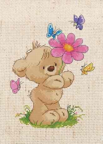 Набор для вышивания крестом "Мишка с цветком", с рамкой, 14 см х 20 см