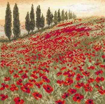 Набор для вышивания Maia "Poppy Field" /Поле маков/ 25*25см (состав: канва Aida 16, цветная схема, нитки Anchor, игла, инструкция), счетный крест