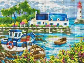Алмазная мозаика на подрамнике Белоснежка "Домик в бухте", 30 х 40 см