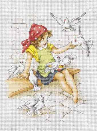 Набор для вышивания крестом Luca-S "Девочка с голубями", 18 х 22,5 см