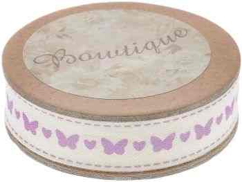 Лента хлопковая Hemline "Бабочки", цвет: молочный, розовый, 1,5 х 500 см