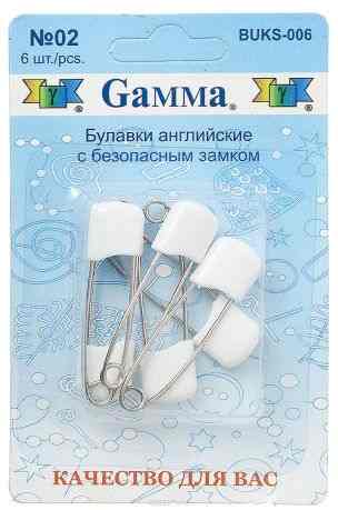 Булавки английские "Gamma", с безопасным замком, цвет: белый, стальной, 6 шт