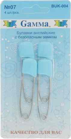 Булавки английские "Gamma", с безопасным замком, цвет: голубой, стальной, 4 шт