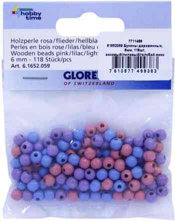 Бусины "Glorex", 6 мм, цвет: розовый, лиловый, голубой, 118 шт
