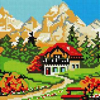 Алмазная мозаика на подрамнике Белоснежка "Домик у горы", 20 х 20 см