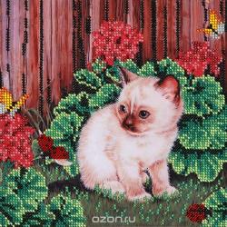 Канва с рисунком для вышивания бисером Hobby & Pro "Котенок с бабочками", 20 х 20 см