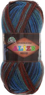 Пряжа для вязания Alize "LanaGold Fine Missisipi", цвет: коричневый, зеленый, синий (3323), 390 м, 100 г, 5 шт