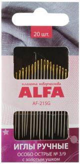 Иглы ручные "Alfa", особо острые, с золотым ушком, № 3/9, 20 шт