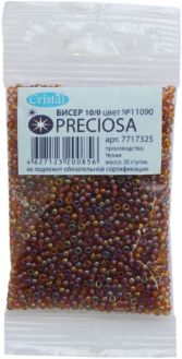 Бисер "Preciosa", прозрачный, с радужным покрытием, цвет: желтый, коричневый (11090), 10/0, 20 г