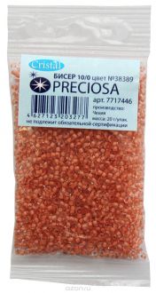 Бисер "Preciosa", глянцевый, с цветной серединой, цвет: коралловый (38389), 10/0, 20 г