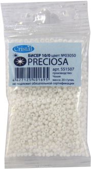 Бисер "Preciosa", непрозрачный, глянцевый, цвет: белый (03050), 10/0, 20 г
