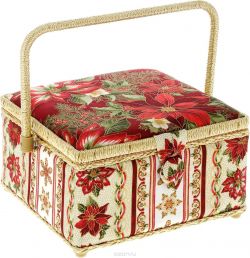 Шкатулка для рукоделия Grace & Glamour "Рождественские цветы на красном", 23,5 х 23,5 х 14,5 см