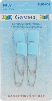 Булавки английские "Gamma", с безопасным замком, цвет: голубой, стальной, 4 шт
